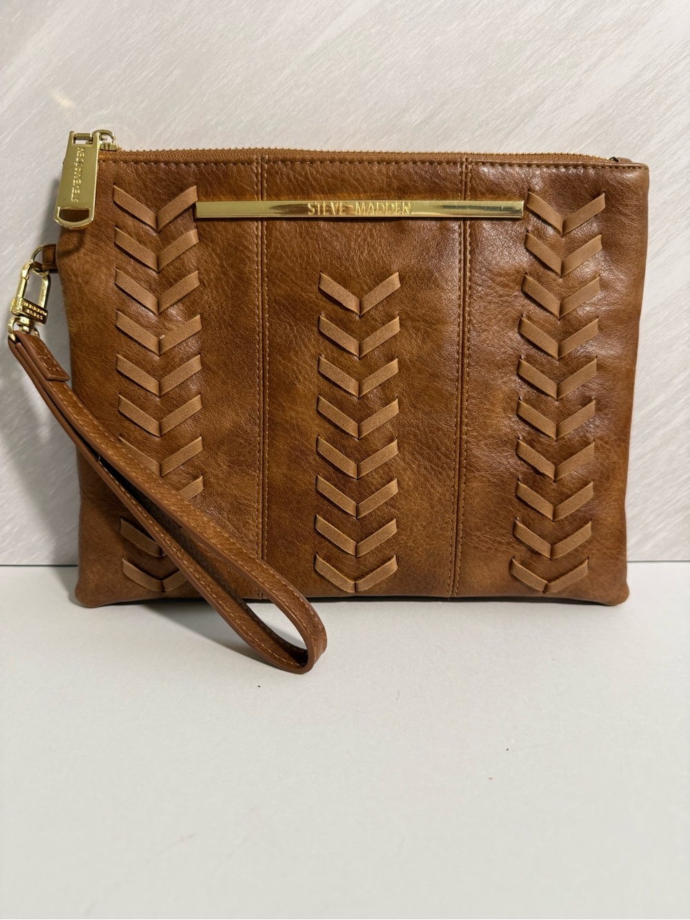 Steve Madden Boho Western Chevron Whipstitch Vegan Leather Wristlet Clutch